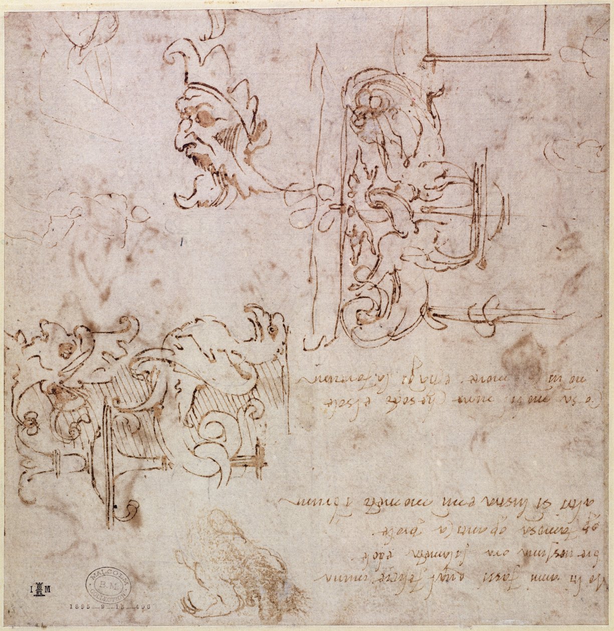 W.3v Grovt skissade mönster för möbler och dekorationer (penna och bläck) av Michelangelo Buonarroti