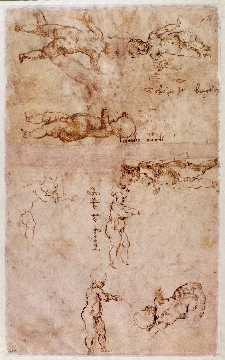 W.4v Sida med skisser av spädbarn eller keruber (bläck på papper) av Michelangelo Buonarroti