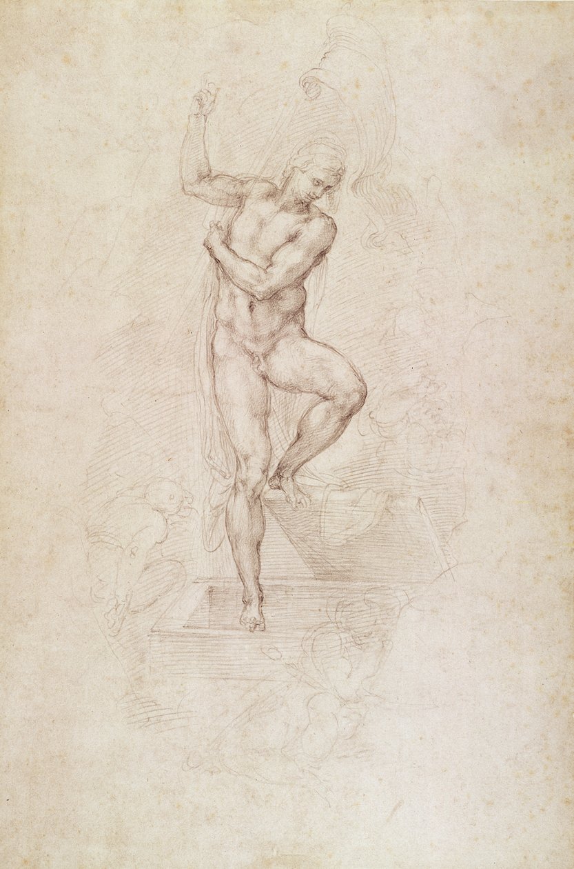 W.53r Den uppståndne Kristus, studie för fresken av The Last Judgment i Sixtinska kapellet, Vatikanen (penna) av Michelangelo Buonarroti