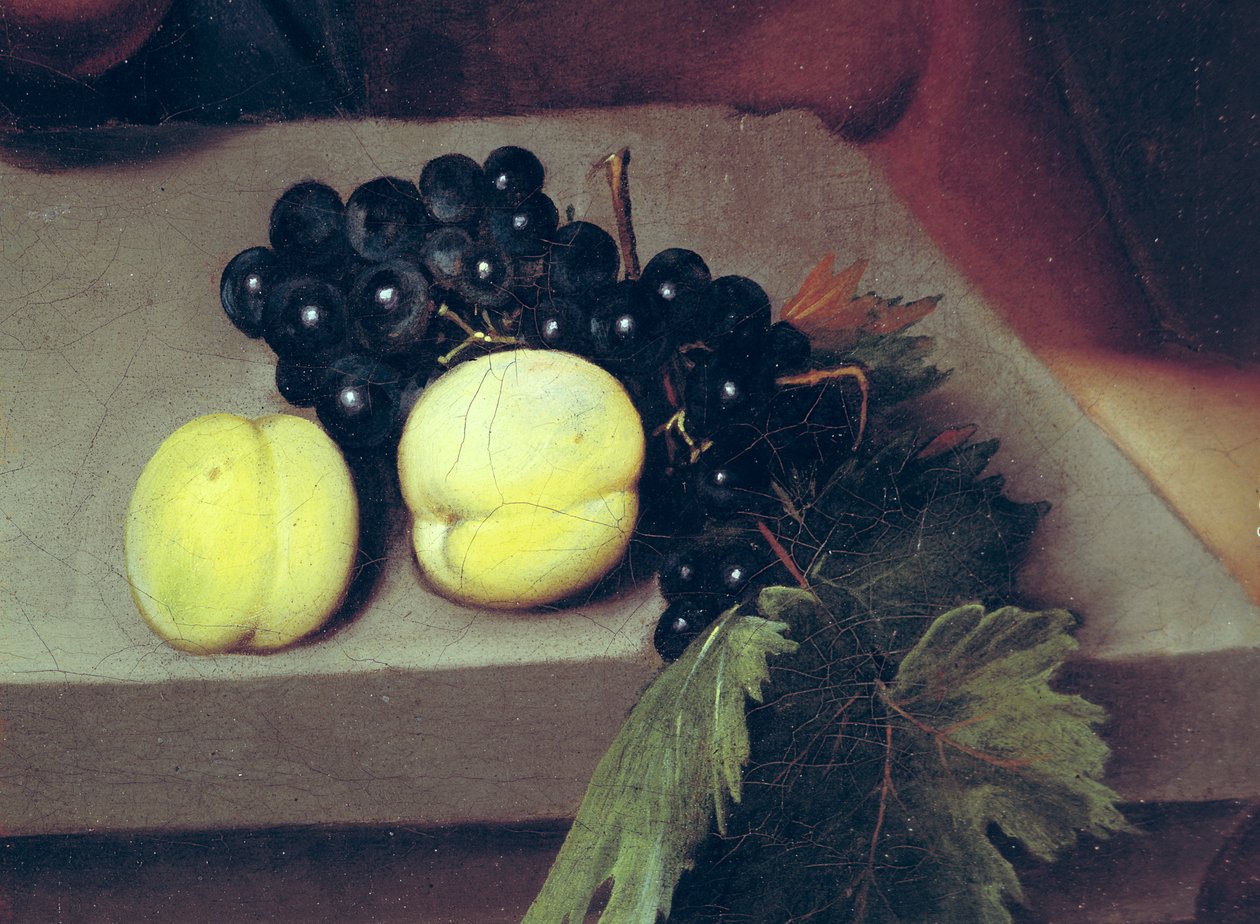 The Sick Bacchus, detalj av persikor och druvor, 1591 (se 55903) av Michelangelo Merisi Caravaggio