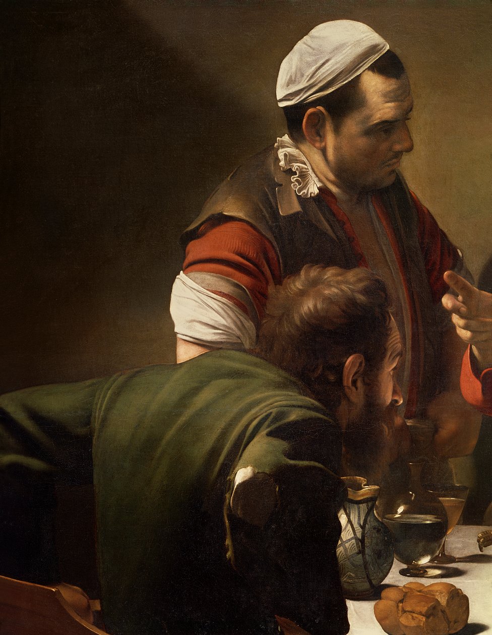Nattvarden i Emmaus, 1601 (olja och tempera på duk) (detalj av 928) av Michelangelo Merisi Caravaggio