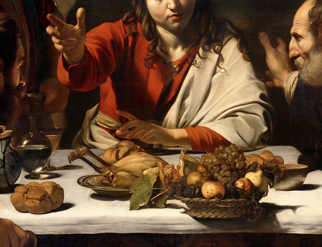 Nattvarden i Emmaus, 1601 (olja och tempera på duk) (detalj av 928) av Michelangelo Merisi Caravaggio