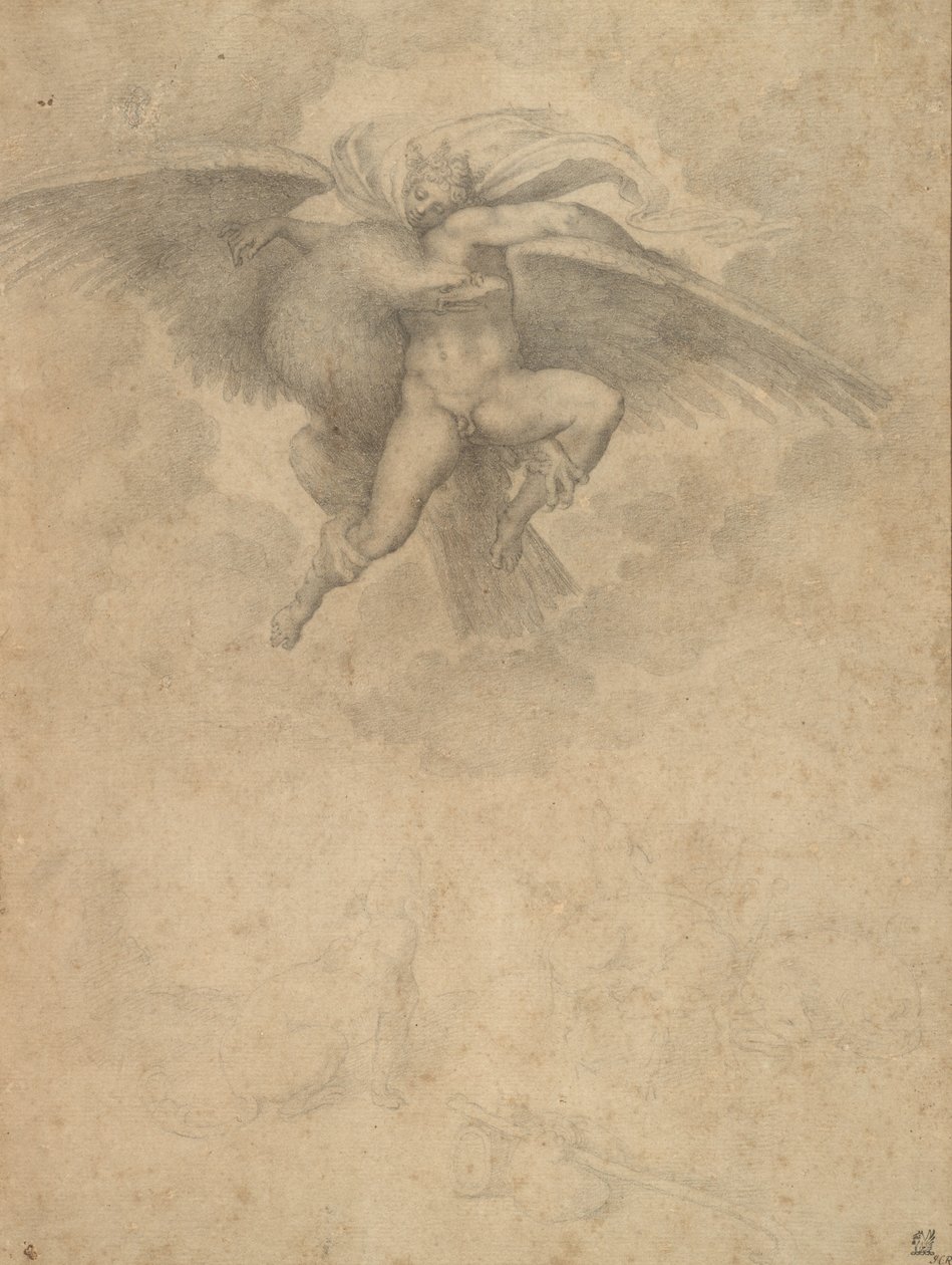 Ganymedes (svart krita på papper) av Michelangelo after Buonarroti