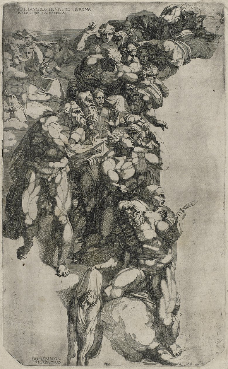 Grupp från Michelangelos Last Judgment, graverad av Domenico del Barbiere, 1540-50 av Michelangelo after Buonarroti