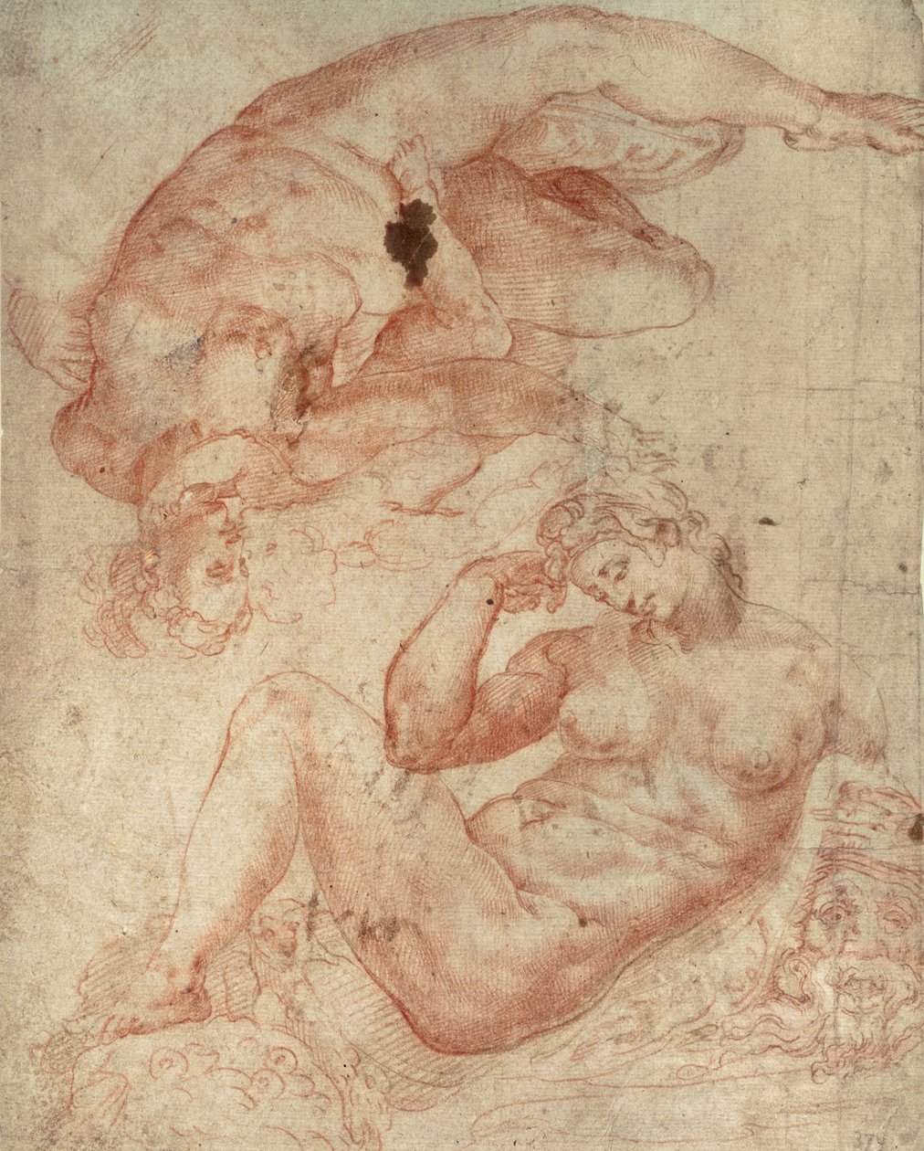 Studier av nakenbilder (röd krita på papper) av Michelangelo Buonarroti