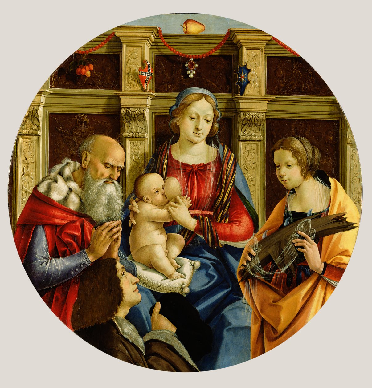 Madonna och barn med en manlig helgon, Katarina av Alexandria och en donator, ca 1500 (tempera på panel) av Michelangelo di Pietro Membrini