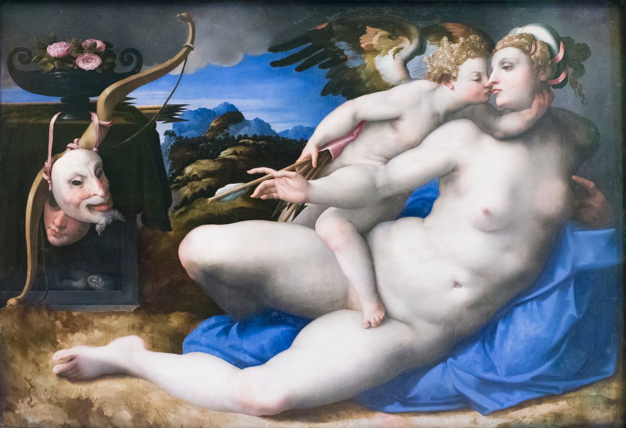 Venus och Amor, efter Michelangelo Buonarroti (olja på panel) av Michelangelo (after) Buonarroti