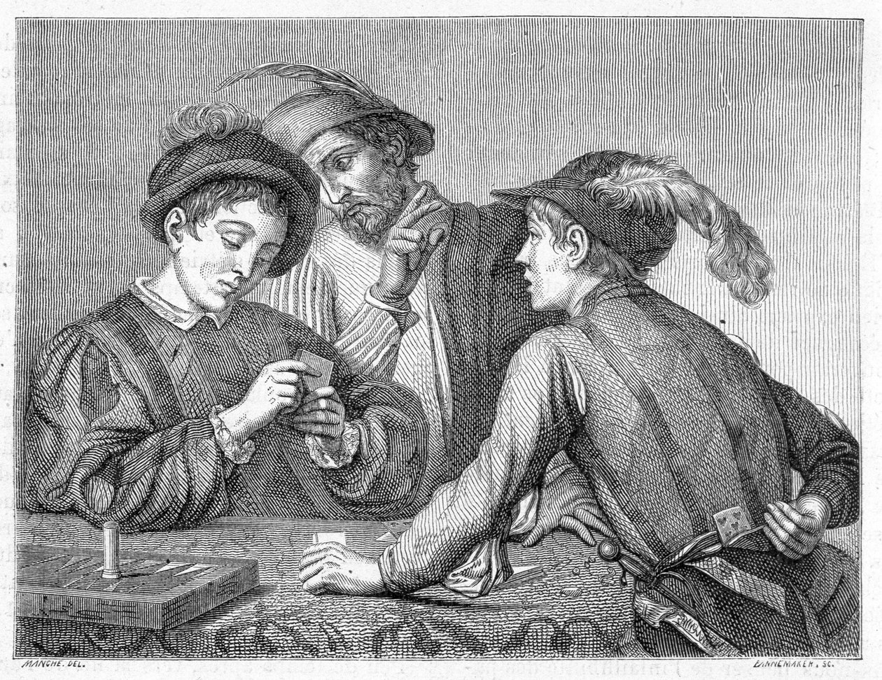 Fuskarna. 1800-talsgravyr som föreställer Caravaggios verk (il Caravaggio) omkring 1596. av Michelangelo (after) Caravaggio