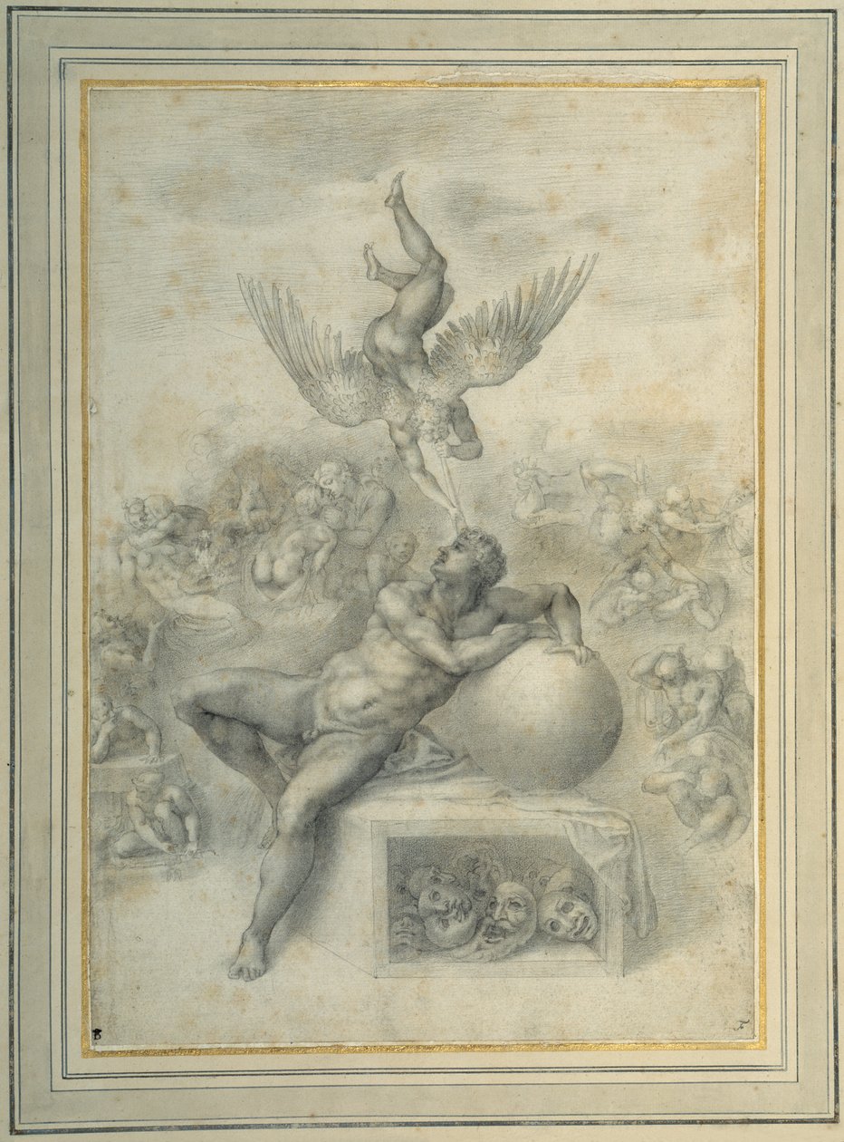 "En dröm om mänskligt liv", efter Michelangelo Buonarroti (fin krita på papper) av Michelangelo (follower of) Buonarroti