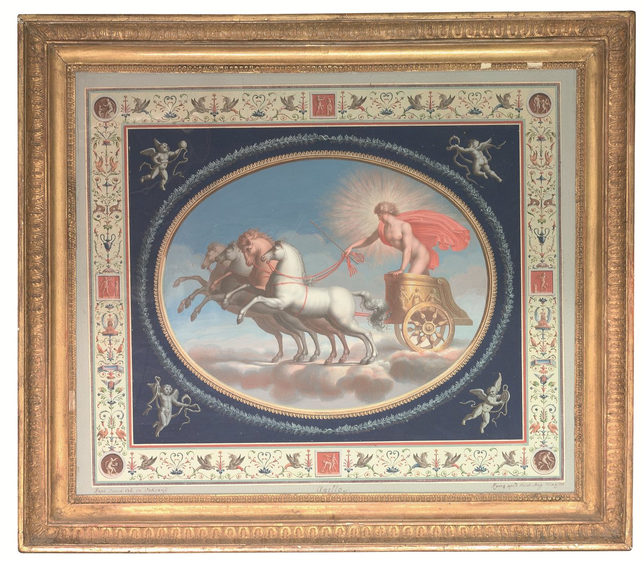 En av fyra dekorativa paneler med Apollo, Mars, Venus och Merkurius i vagnar, omgivna av pompejanska grotesker (kroppsfärg över etsning på papper) av Michelangelo (studio of) Maestri