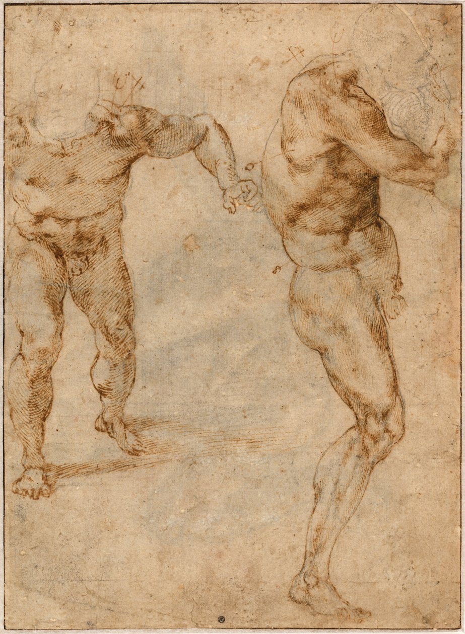 Två nakenstudier av en man som stormar framåt och en annan som vänder sig åt höger av Michelangelo