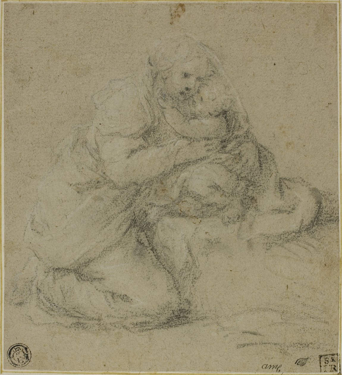 Knästående mamma som omfamnar barnet av Michelangelo Anselmi