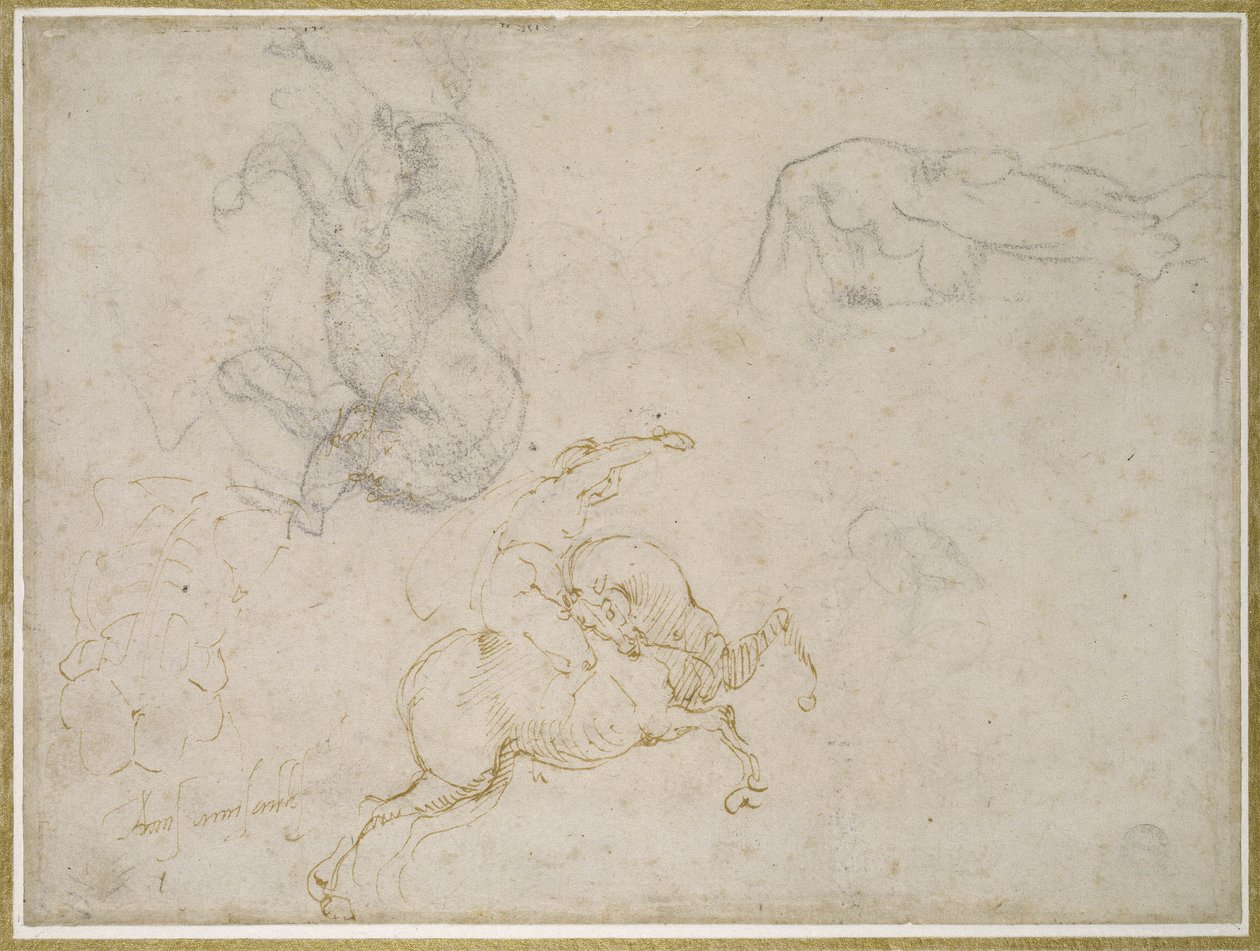 En ryttare som laddar och andra studier (penna och brunt bläck med och över svart krita på benvitt papper) av Michelangelo Buonarroti