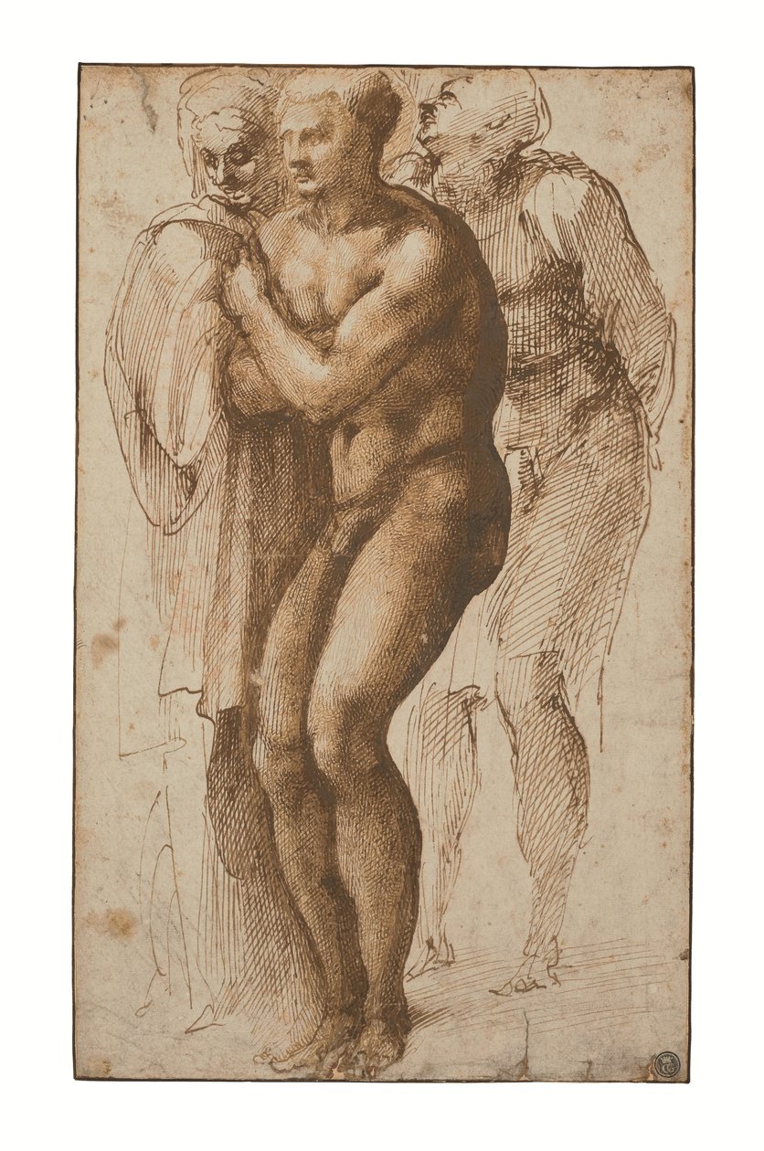 En naken man (efter Masaccio) och två figurer bakom honom (penna och två nyanser av brunt bläck, brun lavering, vattenstämpel) av Michelangelo Buonarroti