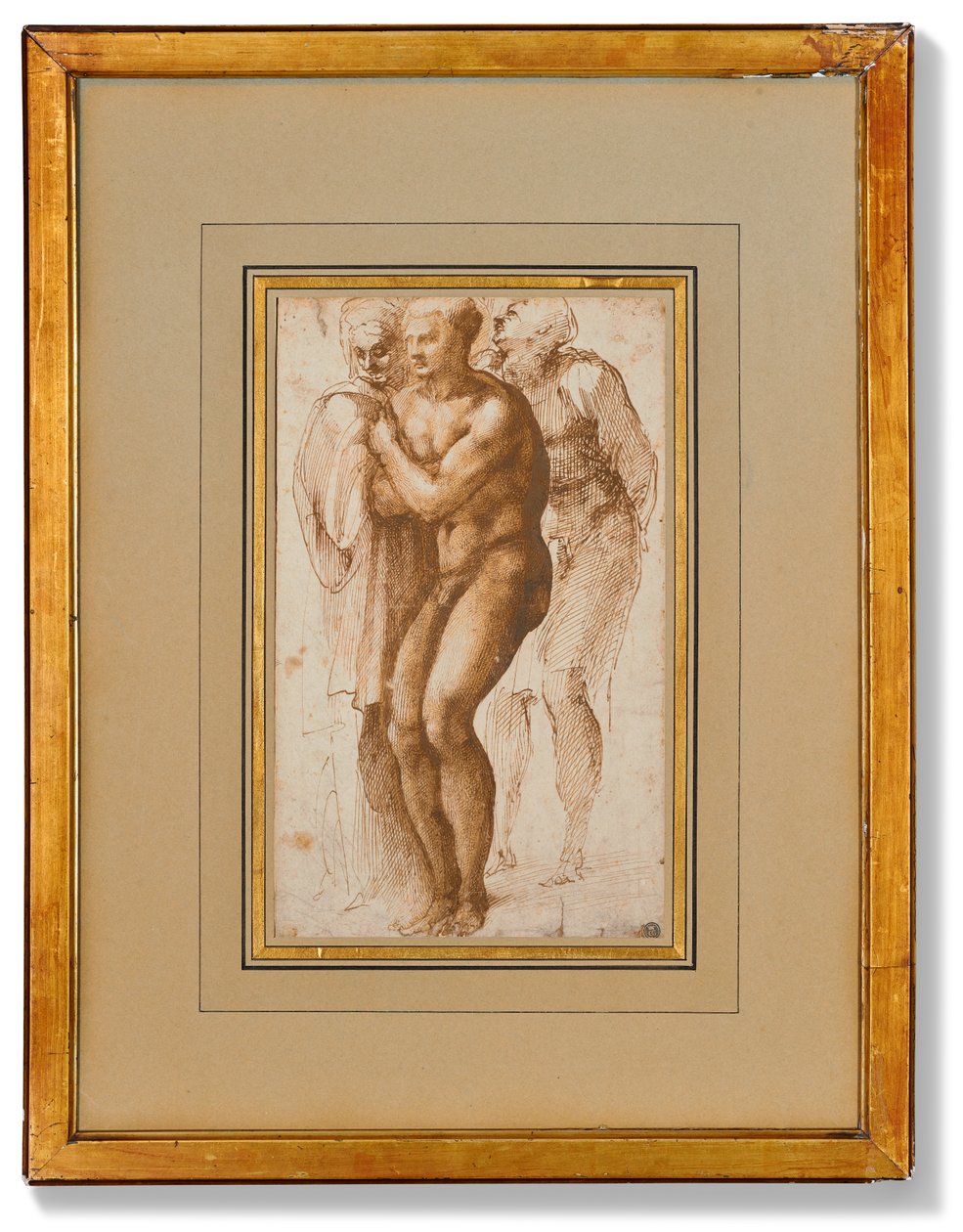 En naken man (efter Masaccio) och två figurer bakom honom (penna och två nyanser av brunt bläck, brun lavering, vattenstämpel) av Michelangelo Buonarroti