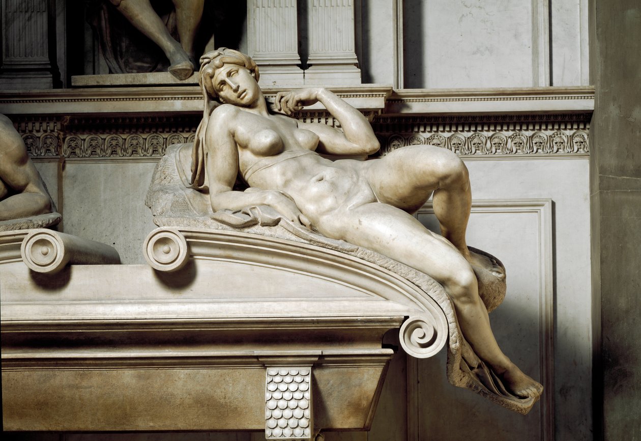 Allegori av norrsken. Graven av Laurent II av Medicis. Marmorskulptur 1531 av Michelangelo Buonarroti