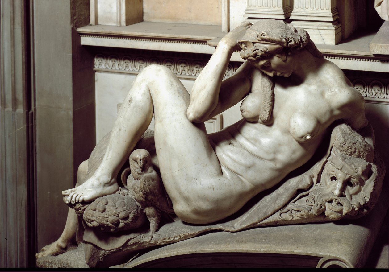 Allegori om natten. Giuliano de Medicis mausoleum. Skulptur i marmor av Michelangelo Buonarroti