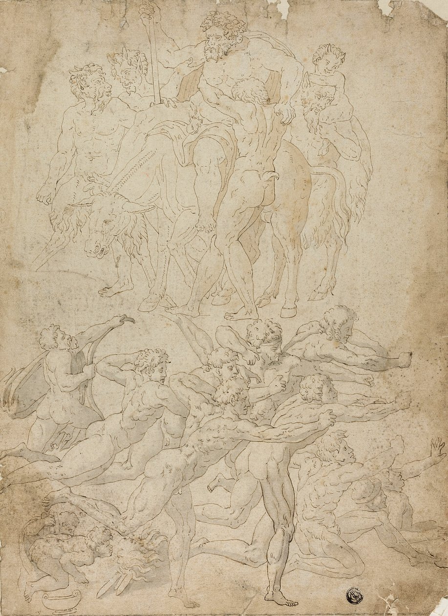 Bågskyttar som skjuter mot en Herm, Bacchus triumf och andra studier av Michelangelo Buonarroti