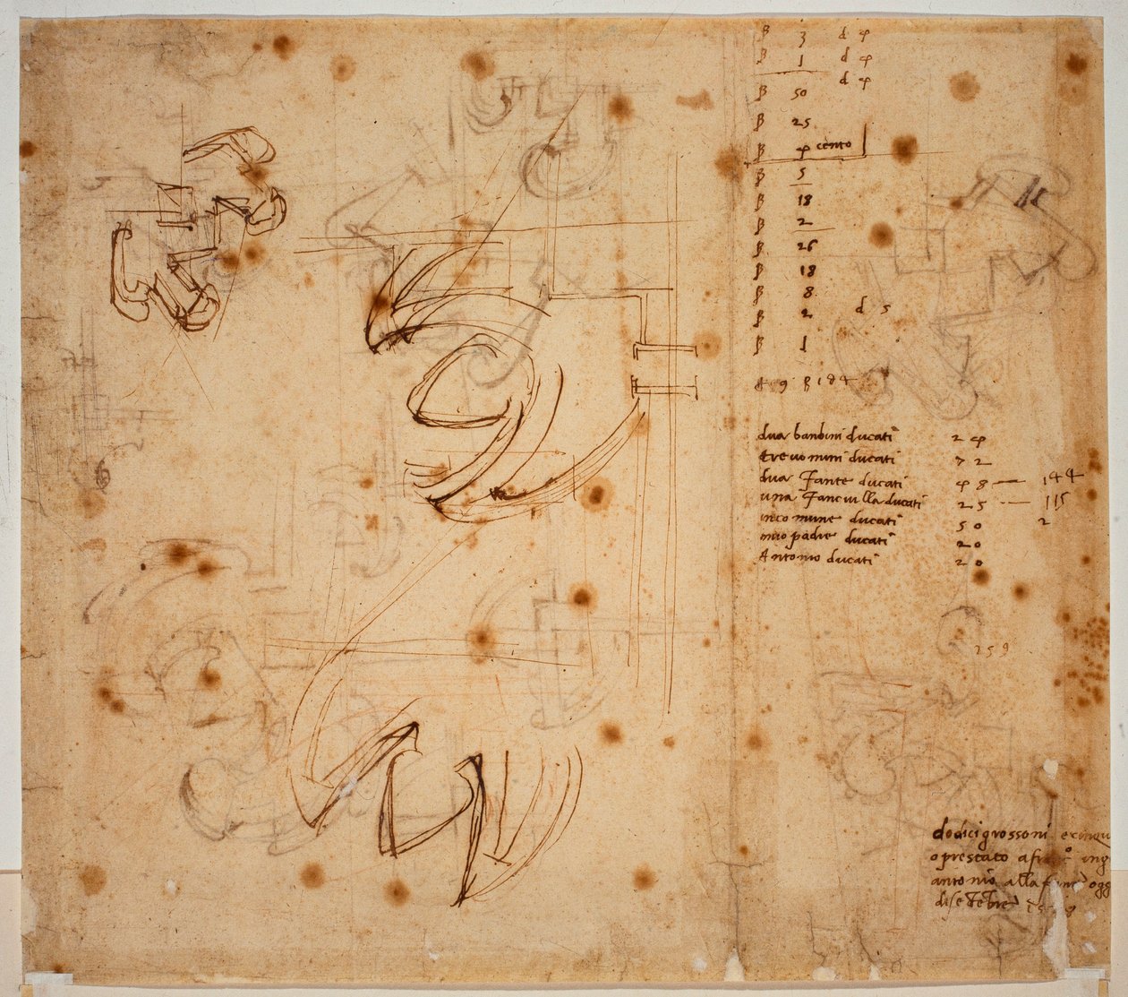 Autografstudier och räkningar av Michelangelo Buonarroti