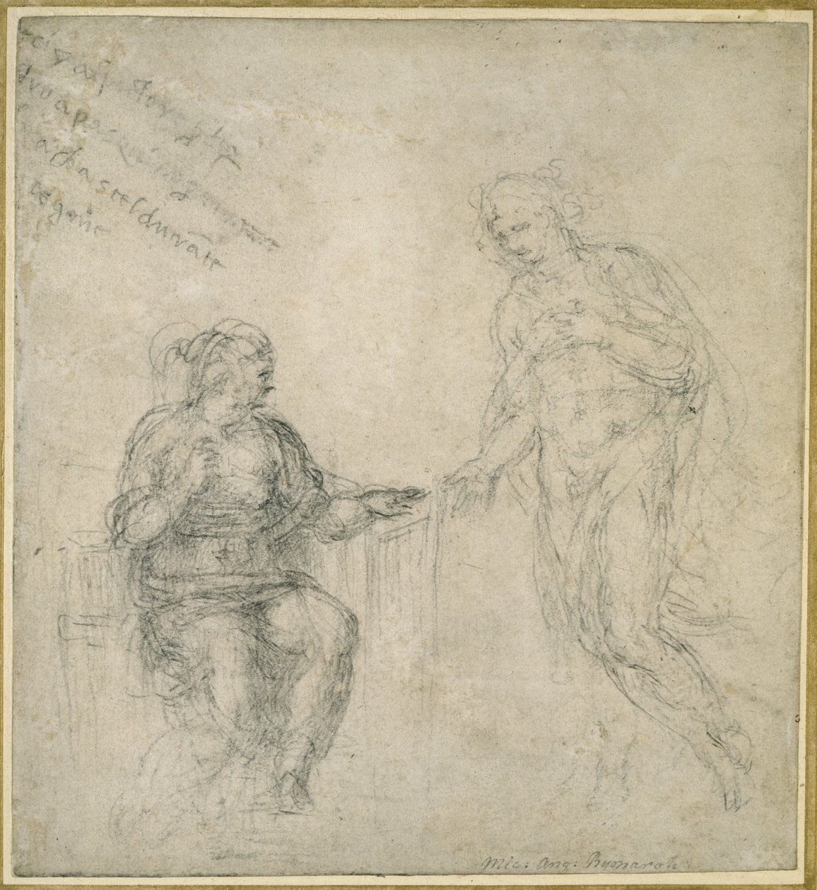Kristus tar farväl av sin mor efter uppståndelsen (svart krita på benvitt papper) av Michelangelo Buonarroti