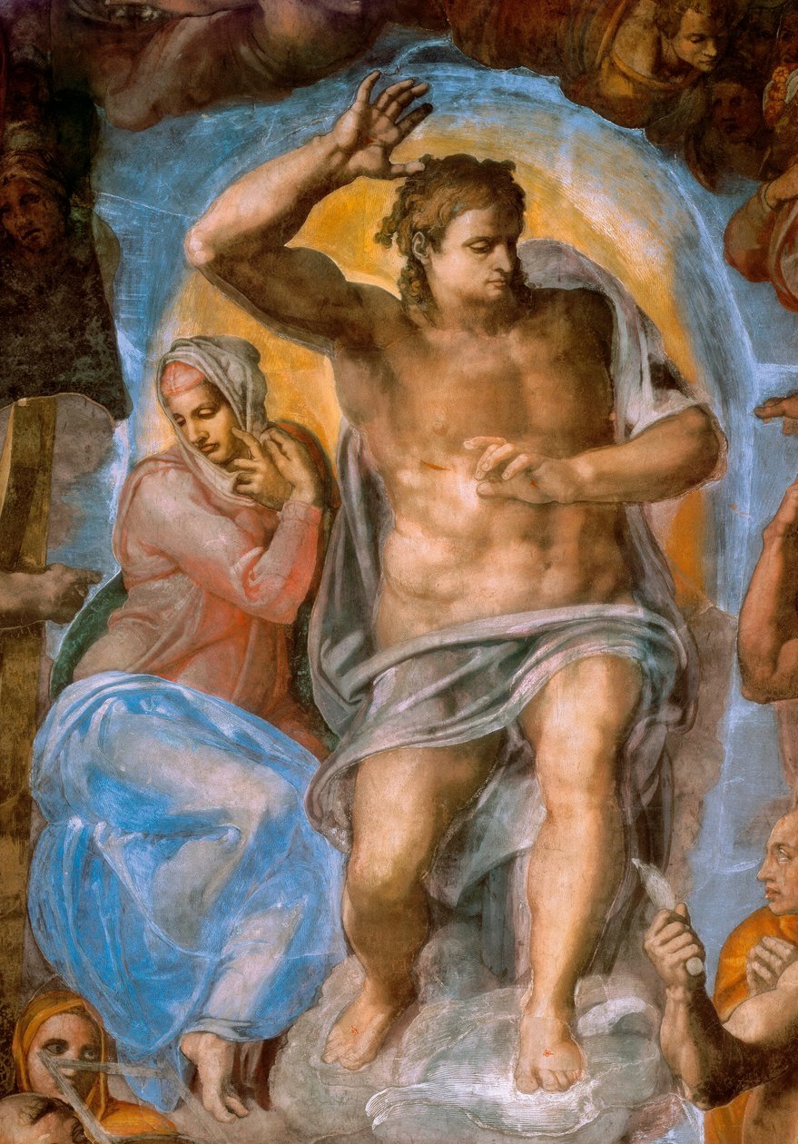 Detalj av den sista domen: Kristus domare. Fresk av Michelangelo Buonarroti, känd som Michelangelo (Michelangelo eller Michelangelo av Michelangelo Buonarroti