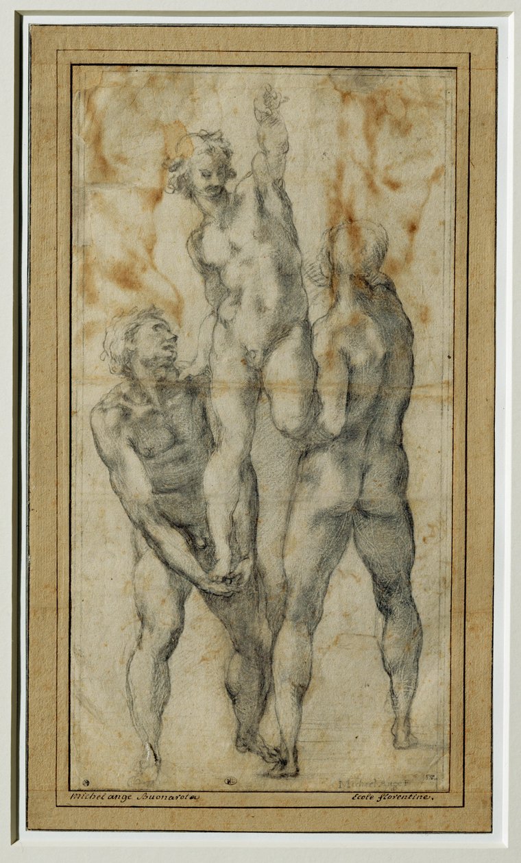 Två nakna män som lyfter en tredje, ca 1502-06 ... av Michelangelo Buonarroti