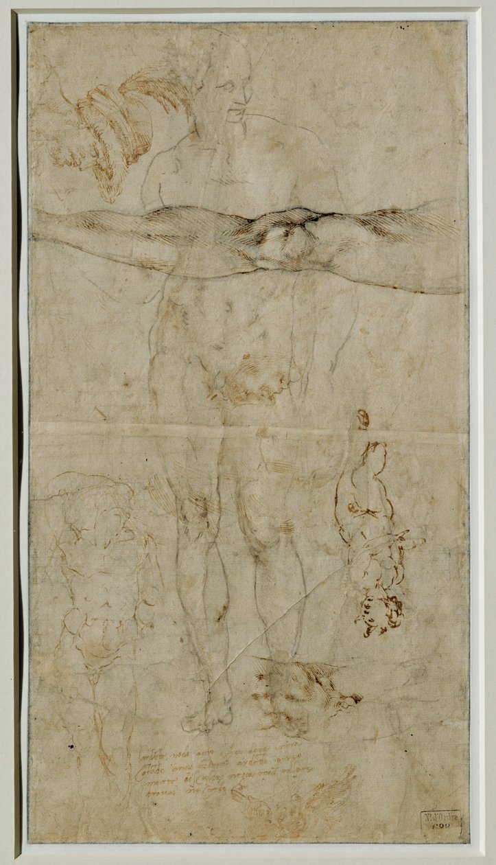 Olika studier av figurer, inskription baserad på en sonett av Petrarca, ca 1506 ... av Michelangelo Buonarroti