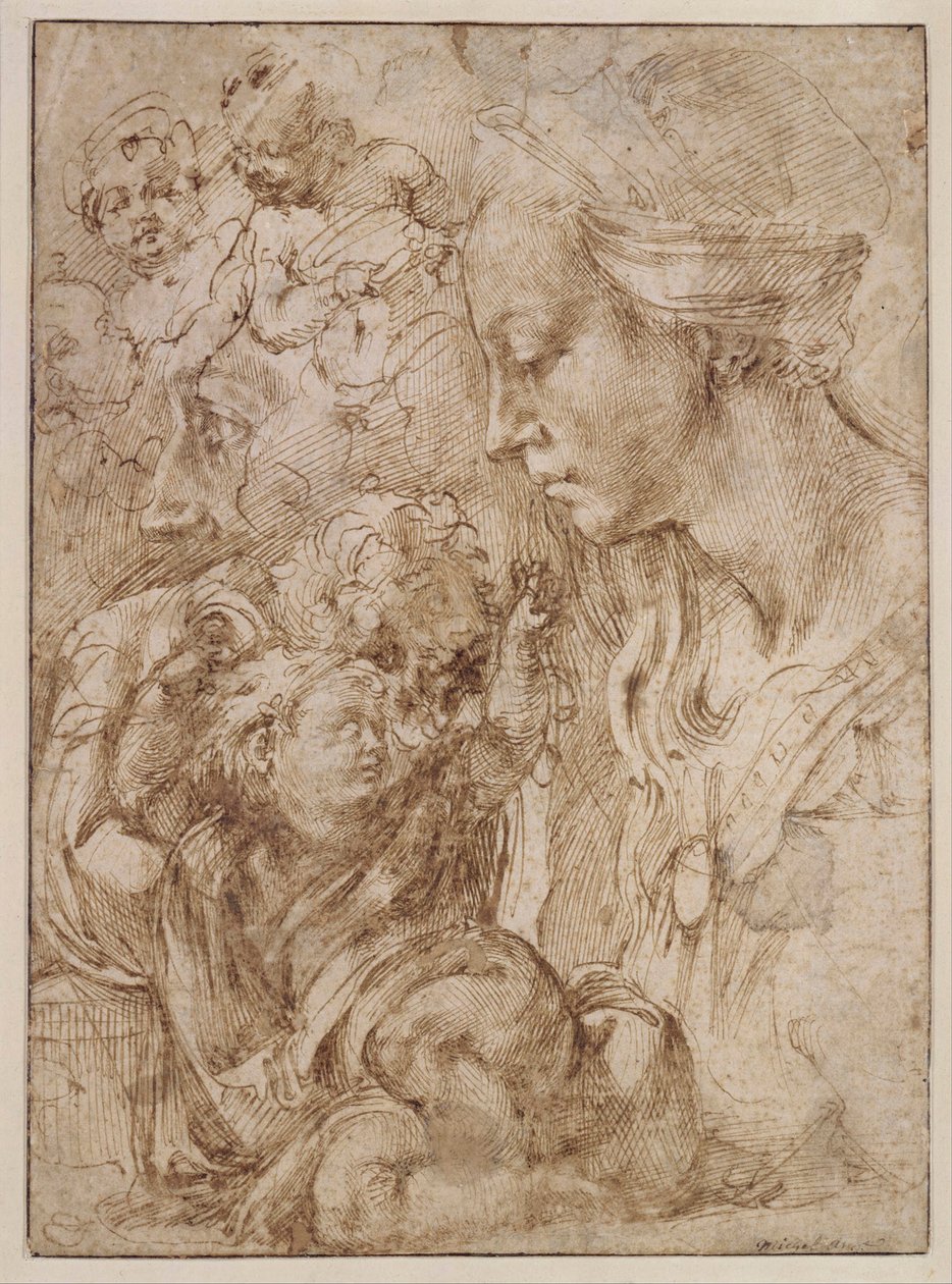 "Studier för en helig familj med Johannes döparen som barn" (Studier för en helig familj med Johannes döparen som barn) Teckning av Michelangelo Buonarroti (1475-1564) - 1505 - Penna, pensel, tusch på papper Dim 28, 7x20 ,9 cm Staatliche Museen, Berlin av Michelangelo Buonarroti