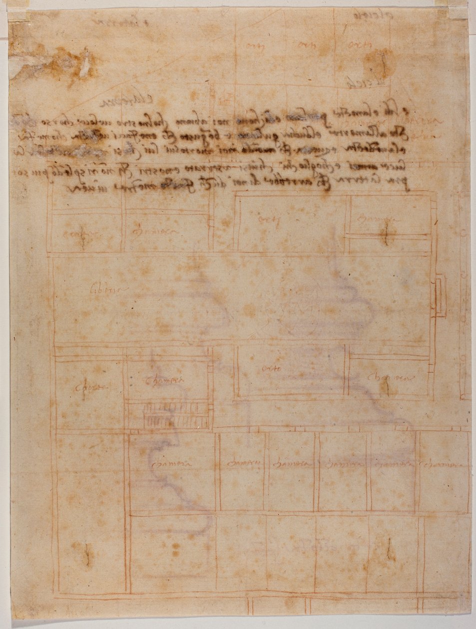 Fragmentarisk plan över klostret San Lorenzo, handskrivna inskriptioner av Michelangelo Buonarroti