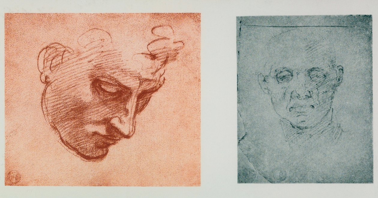 Framifrån av ett ansikte, och ett i profil; teckningar av Michelangelo. Casa Buonarroti, Florens av Michelangelo Buonarroti