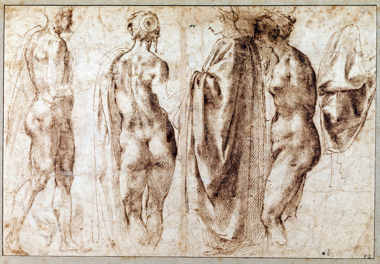 Grupp om fyra stående figurer och ett draperi Teckning i pennan av Michelangelo Buonarroti dit Michelangelo (Michelangelo eller Michel Ange av Michelangelo Buonarroti