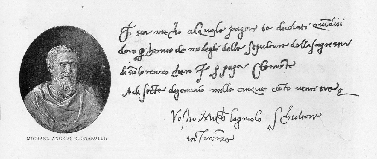 Michelangelo Buonarrotis handskrift och signatur (penna och bläck på papper) av Michelangelo Buonarroti