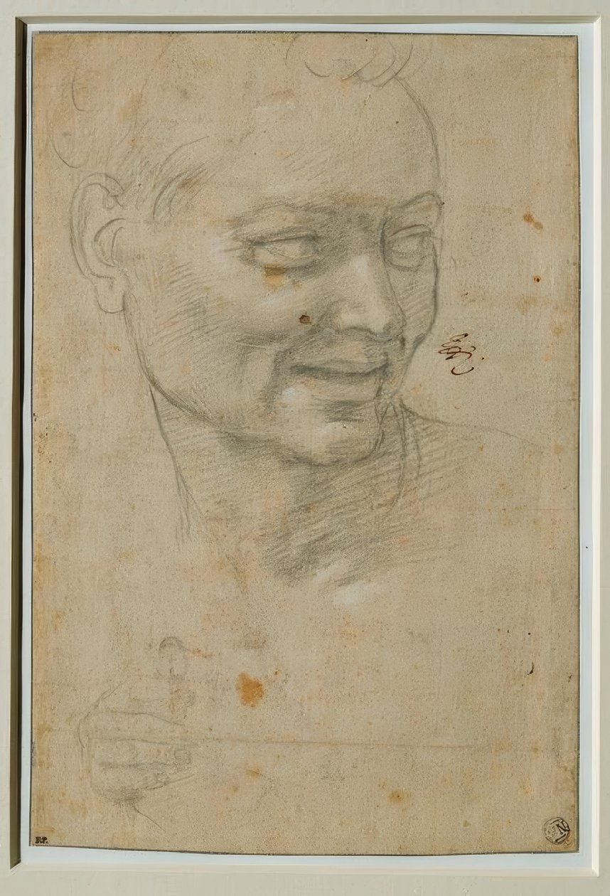 Ignudons huvud och högra hand ovanför och till vänster om Jesaja av Michelangelo Buonarroti