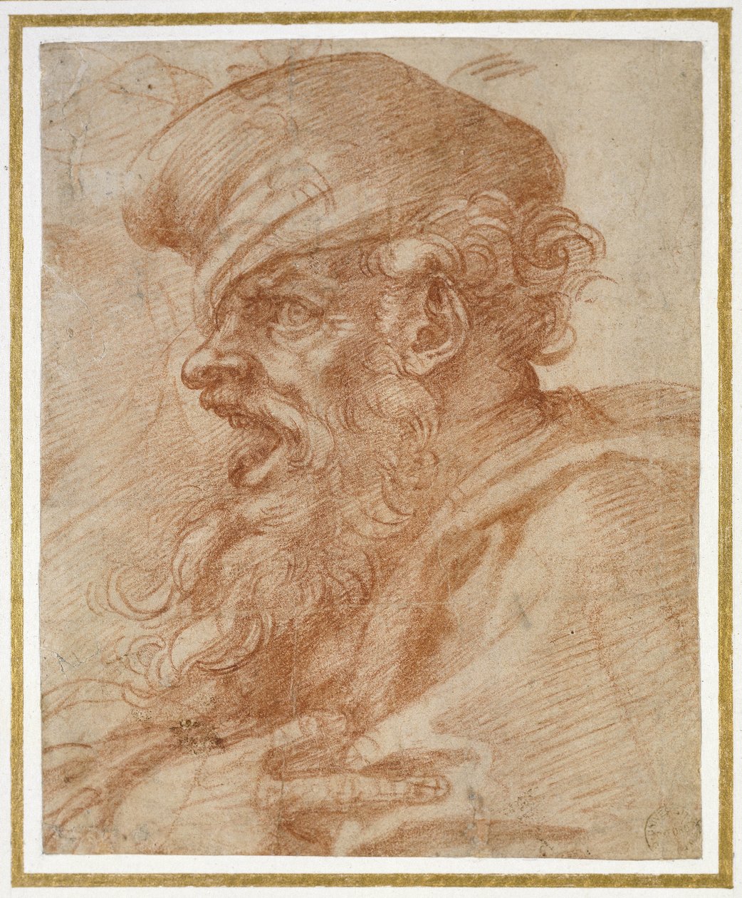 Head of a Bearded Man Shouting, c.1525 (röd krita på papper) av Michelangelo Buonarroti