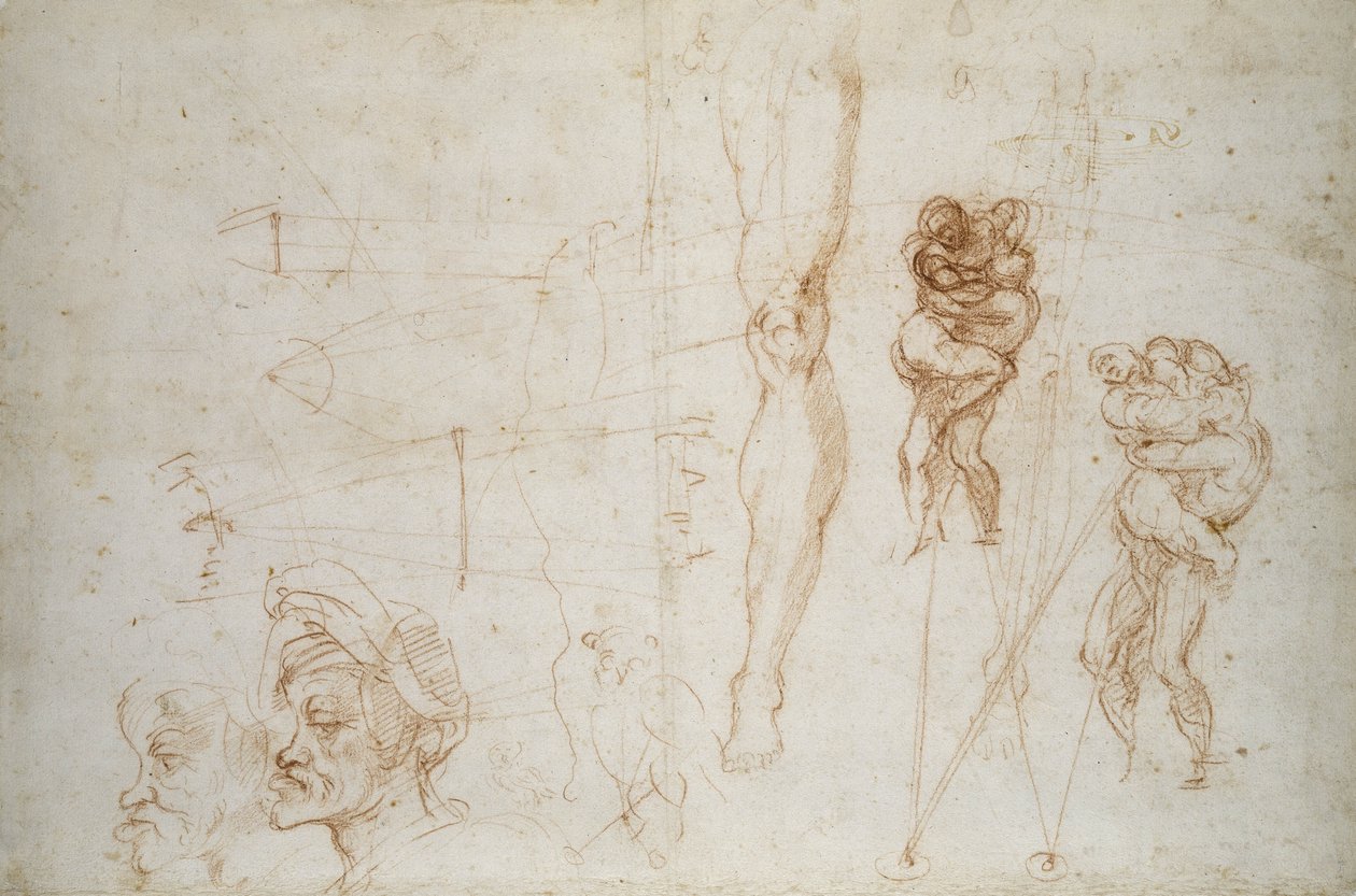 Hercules och Antaeus och andra studier, c.1525-28 (krita på papper) av Michelangelo Buonarroti