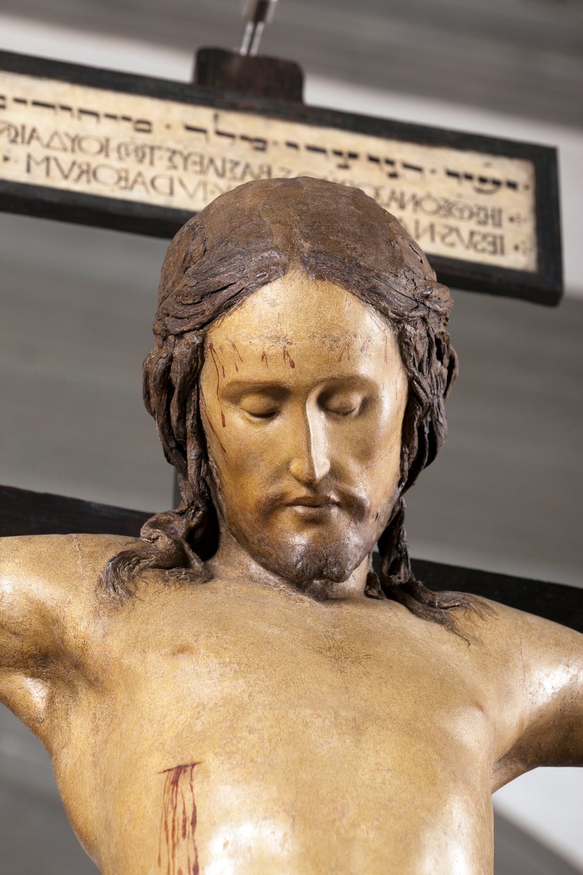 Helig Andes krucifix, cirka 1493, av Michelangelo (1475-1564), detalj, skulptur i polykromt trä, sakristia i basilikan Santo Spirito i Florens - krucifix. Renässansskulptur av Michelangelo Buonarroti dit Michel Ange (Michelangelo eller Michela av Michelangelo Buonarroti