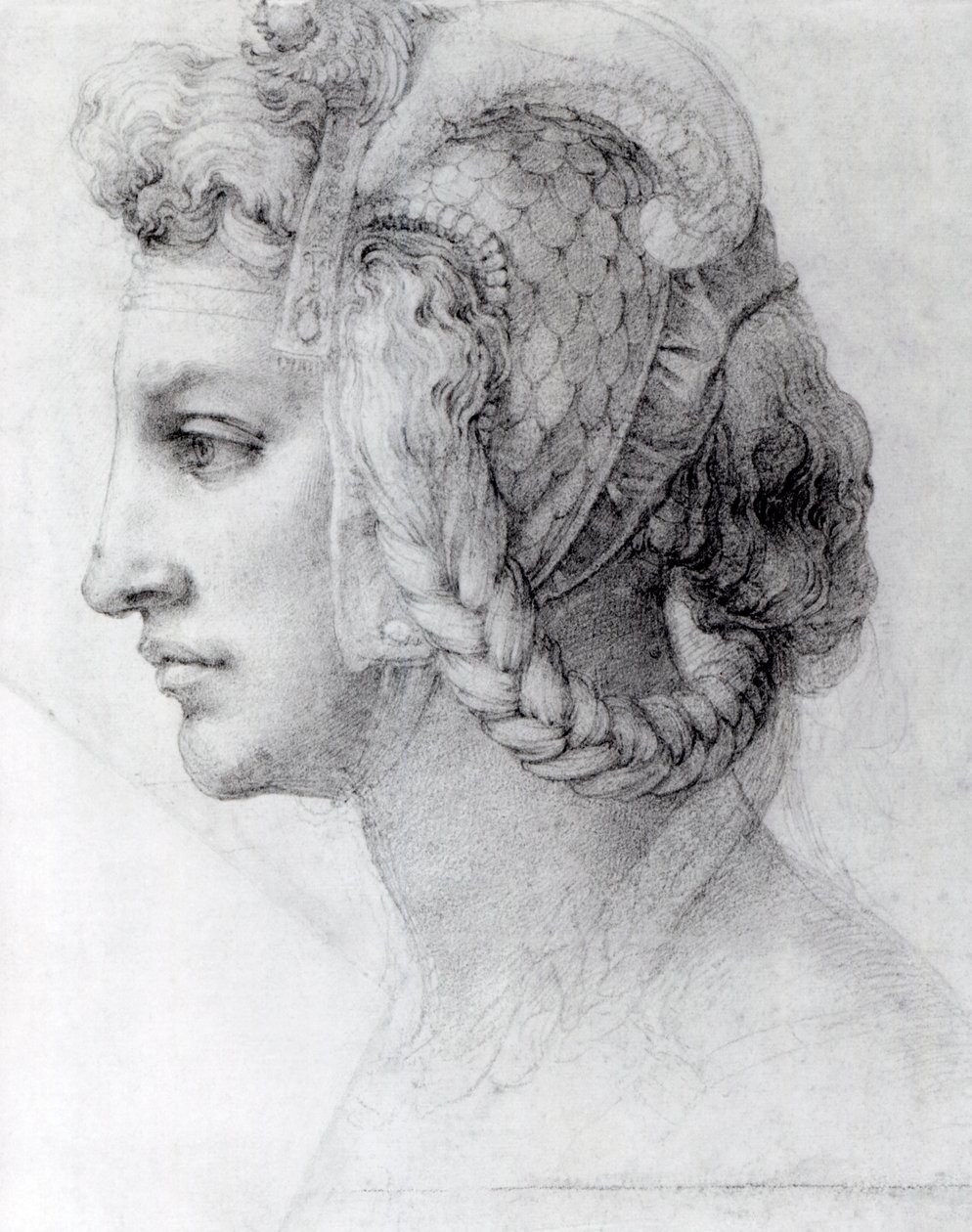 Idealiskt kvinnohuvud, ca 1525-28 (svart krita på papper) av Michelangelo Buonarroti