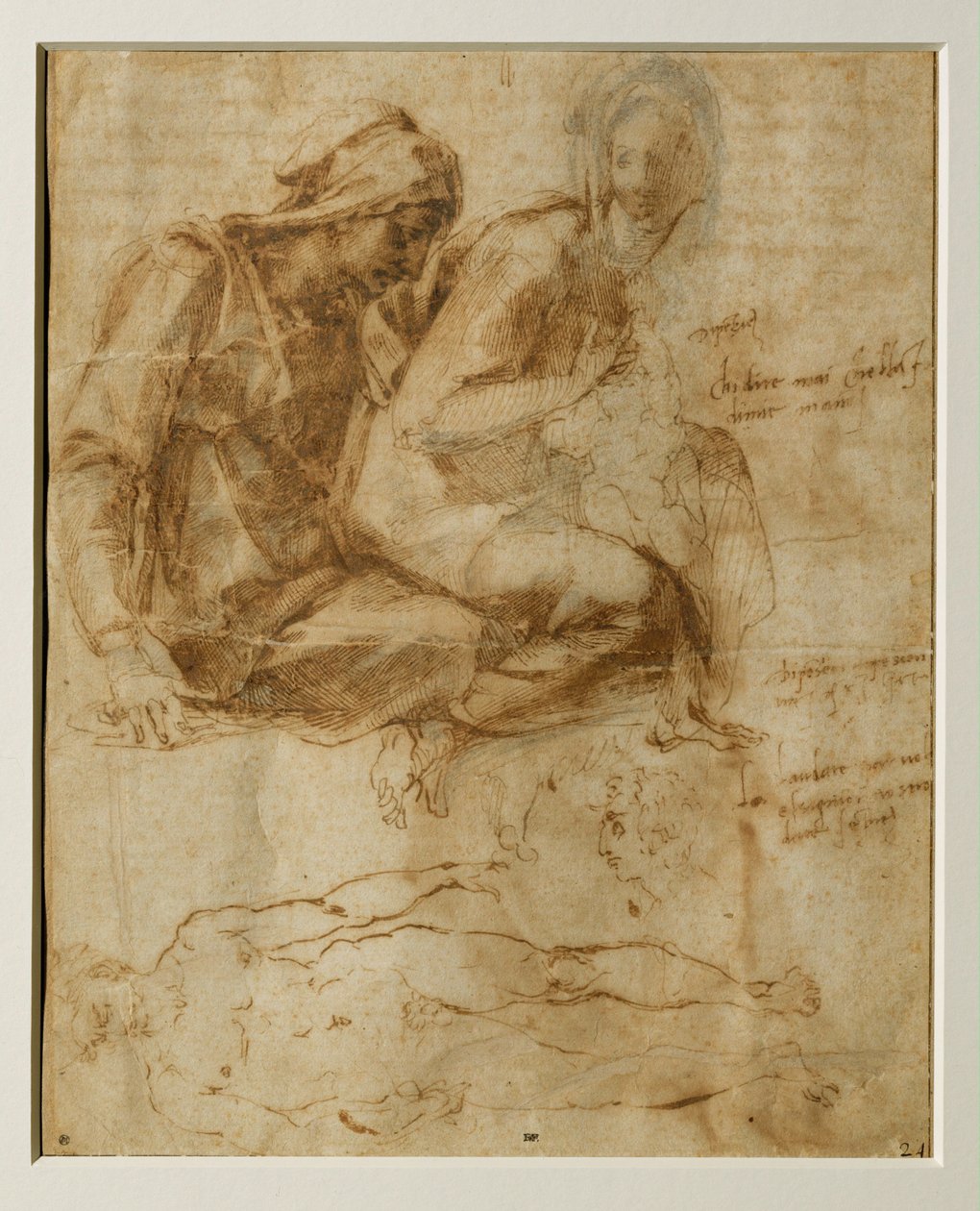 Jungfrun, barnet och den heliga Anna, en manlig naken... av Michelangelo Buonarroti