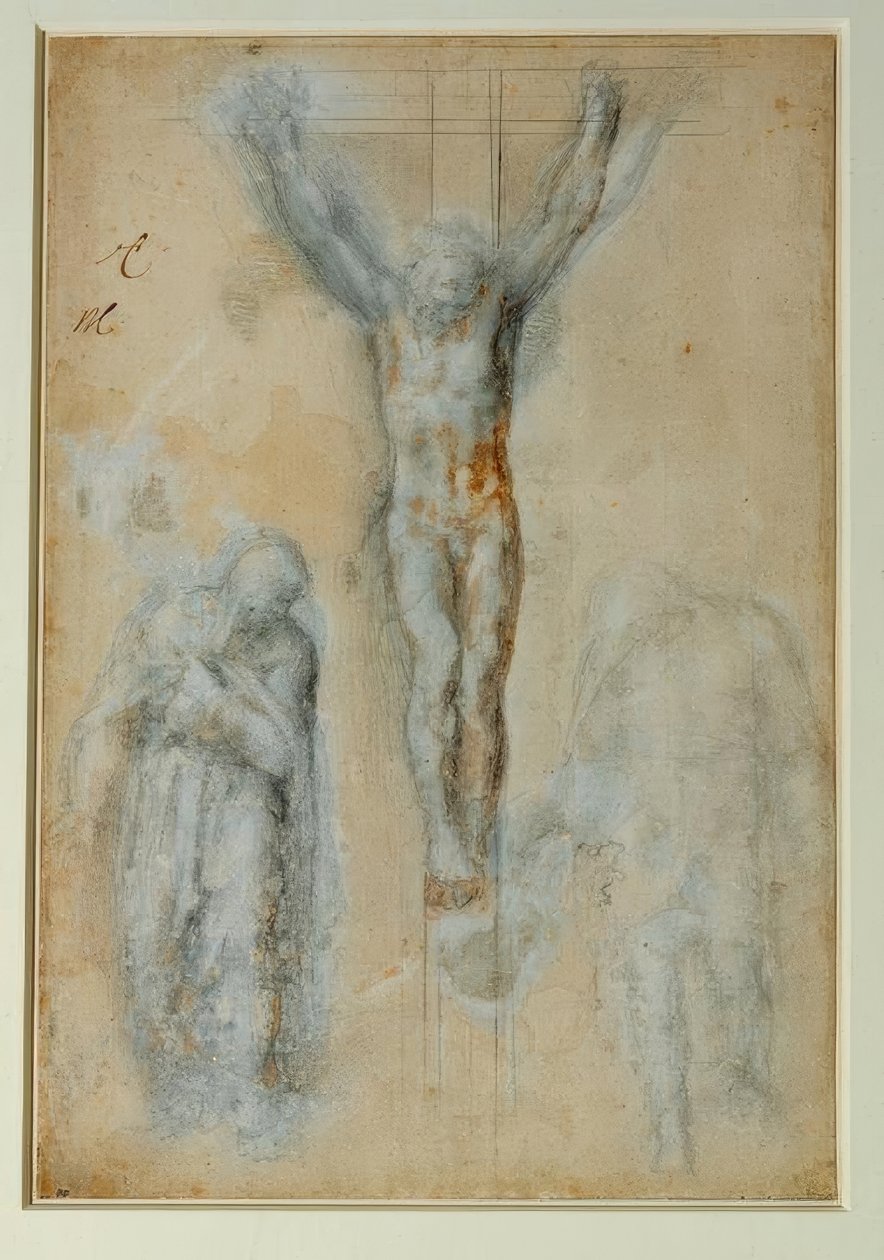 Kristus på korset mellan jungfrun och Johannes (?) av Michelangelo Buonarroti
