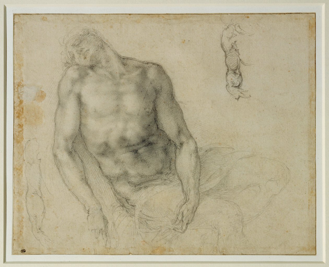 Den döda Kristus och två upprepningar av höger arm ... av Michelangelo Buonarroti