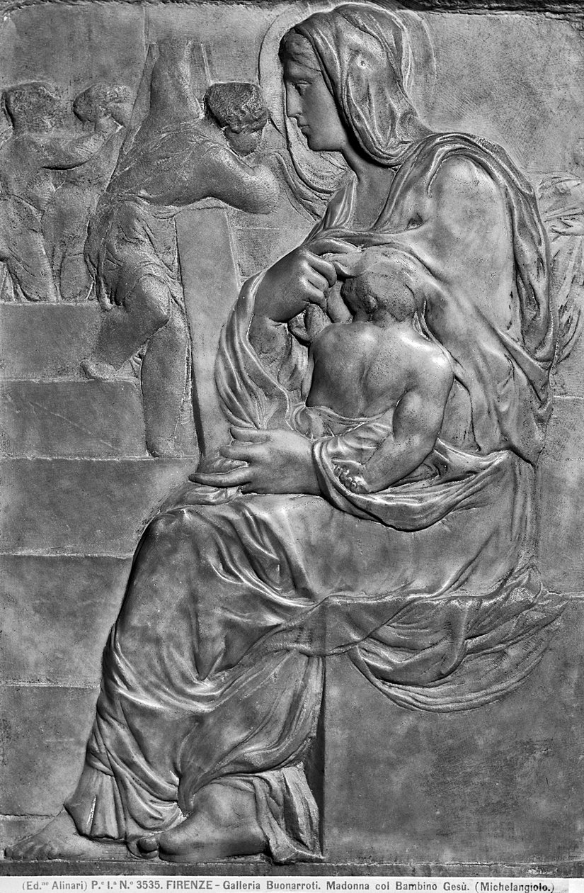 Madonna och barn med Madonna della Scala (marmor) av Michelangelo Buonarroti