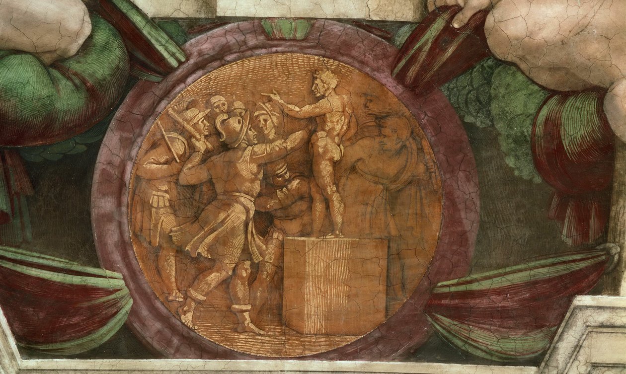 Medaljongen representerar förstörelsen av statyn av guden Baal..., 1508-1512. av Michelangelo Buonarroti