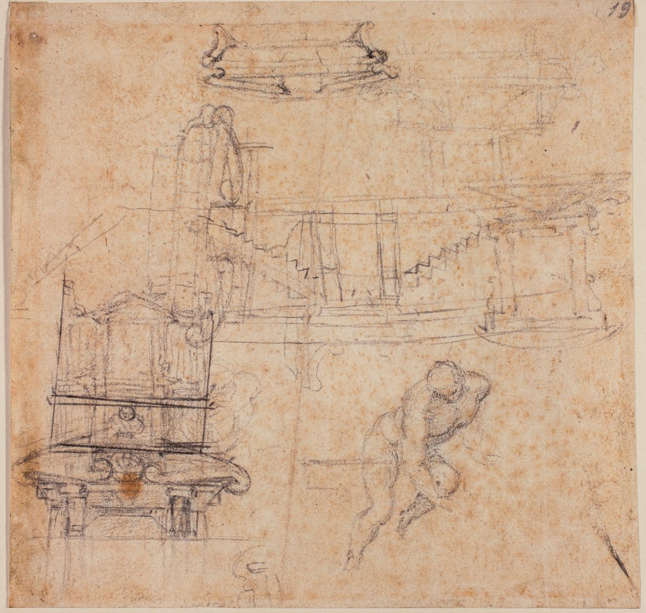 Diverse studier, för en Johannes Döparen, för en grav och arkitektoniska skisser av Michelangelo Buonarroti