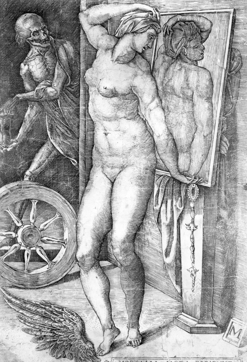 Naken tittar på sig själv i en spegel, tryck gjord av Monogrammist av Michelangelo Buonarroti