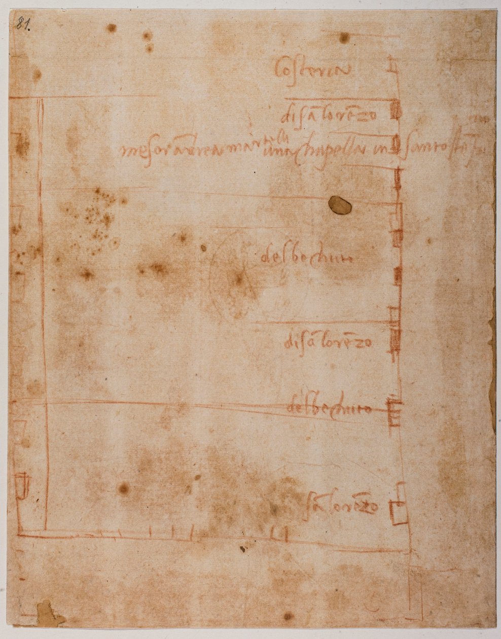 Plan över tillgångar mellan piazzan och Borgo San Lorenzo av Michelangelo Buonarroti