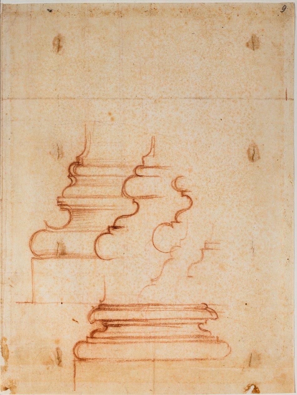 Pelarsocklar till nya sakristian, handskrivna inskriptioner av Michelangelo Buonarroti