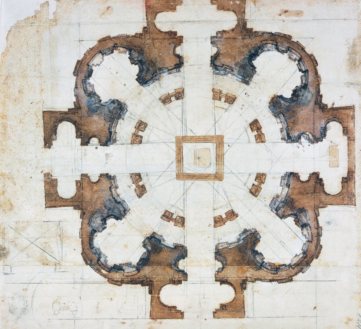Plan över basilikan San Giovanni dei Fiorentini i Rom, cirka 1559, teckning av Michelangelo Buonarroti (1475-1564), Italien av Michelangelo Buonarroti
