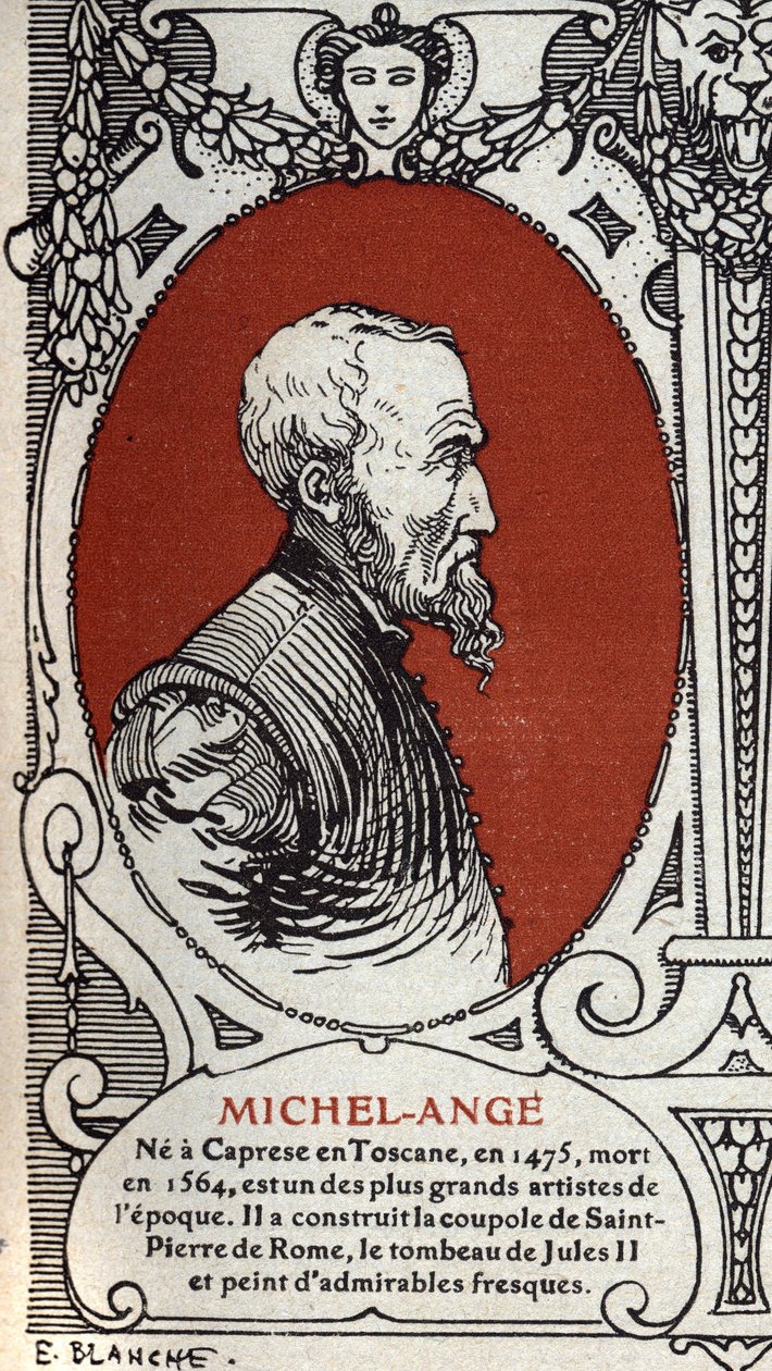 Porträtt av den italienska renässansmålaren Michelangelo Buonarroti dit Michel Ange (Michelangelo eller Michelangelo av Michelangelo Buonarroti