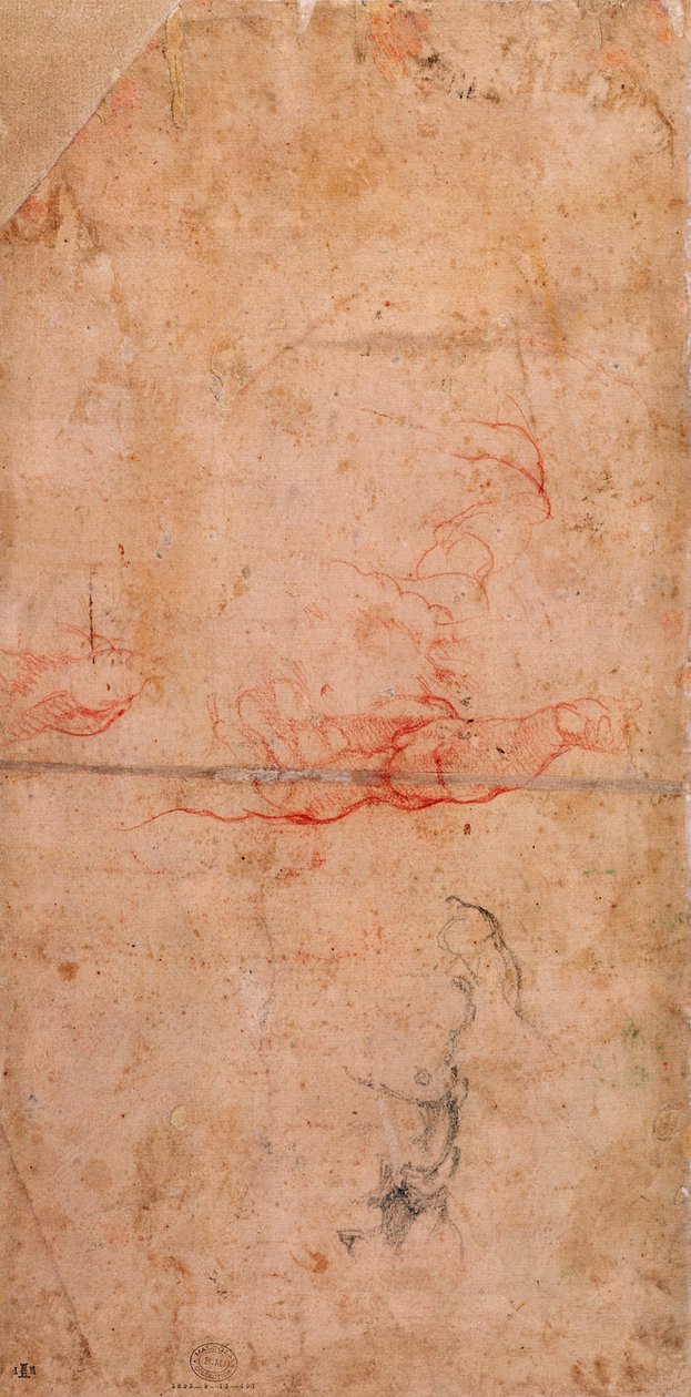 Förberedande studie för Hamans straff (rödkrita och träkol på papper) (verso) av Michelangelo Buonarroti