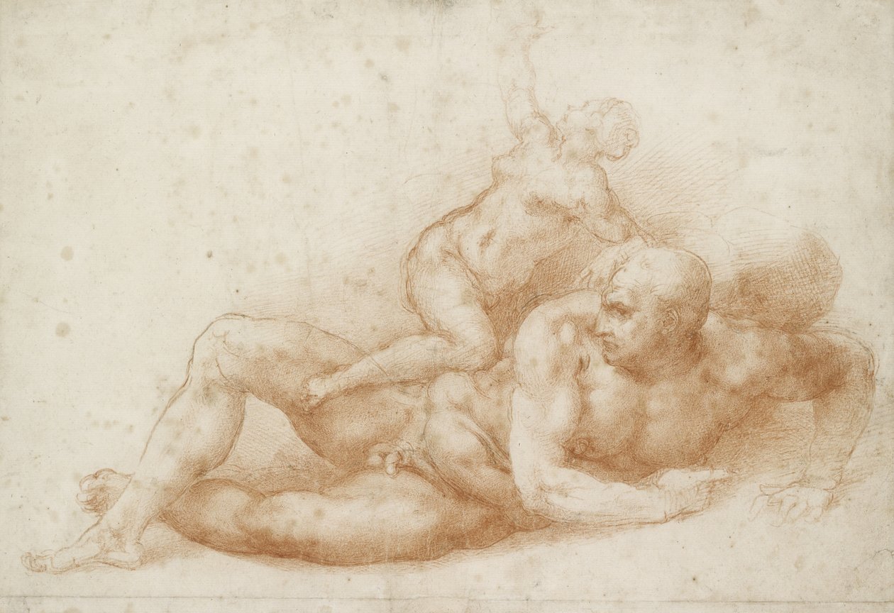 Simson och Delila (röd krita på benvitt papper) av Michelangelo Buonarroti